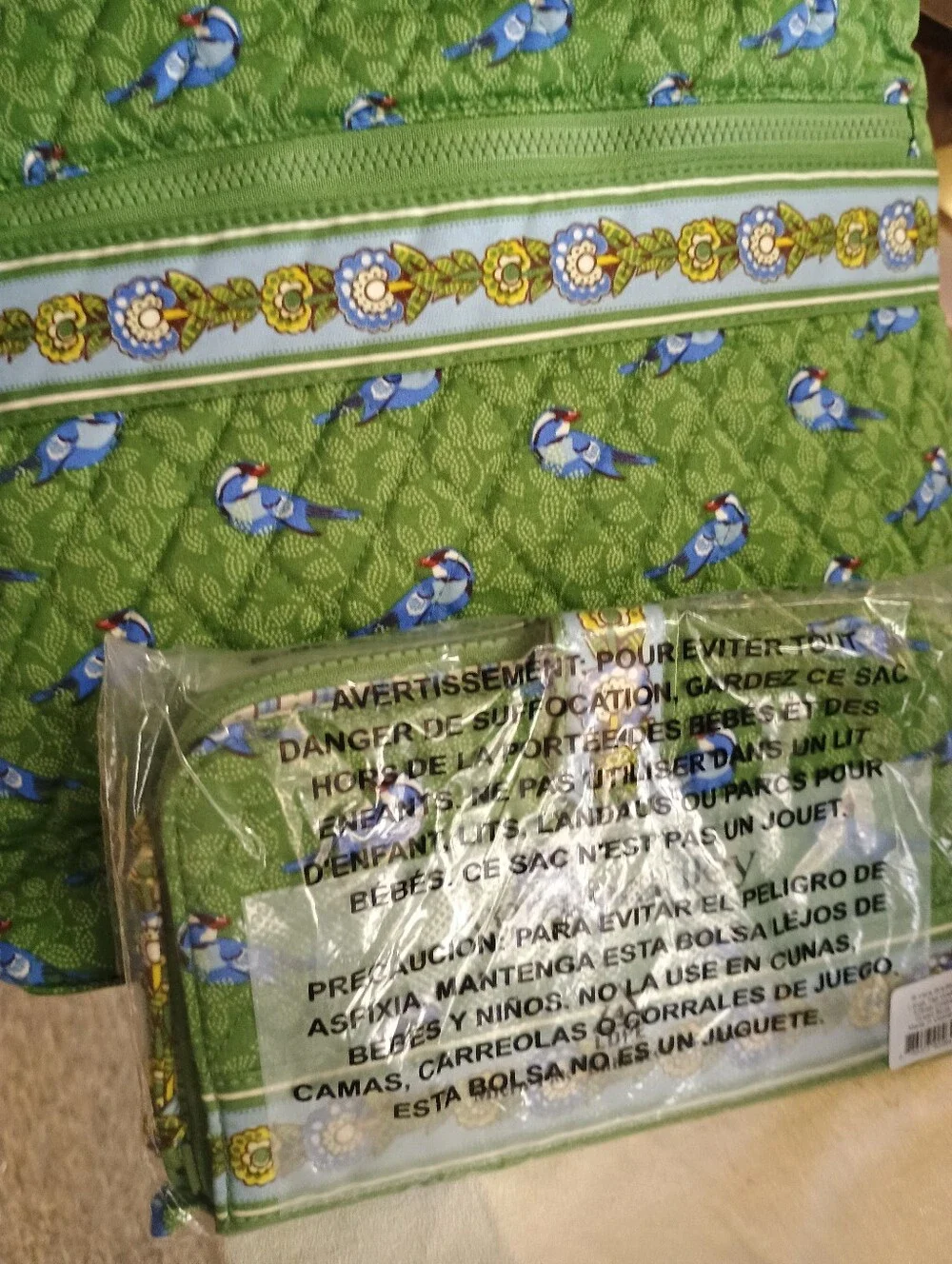 Vera Bradley Green Floral Bird Crossbody Bag with Blue Accents